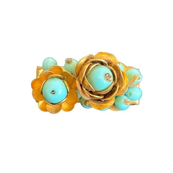Vintage Gold & Turquoise Floral Bead Brooch Pin - Picture 1 of 4